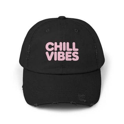 Chill Vibes Distressed Cap — Pink Text Casual Baseball Hat Hats Printify Black One size