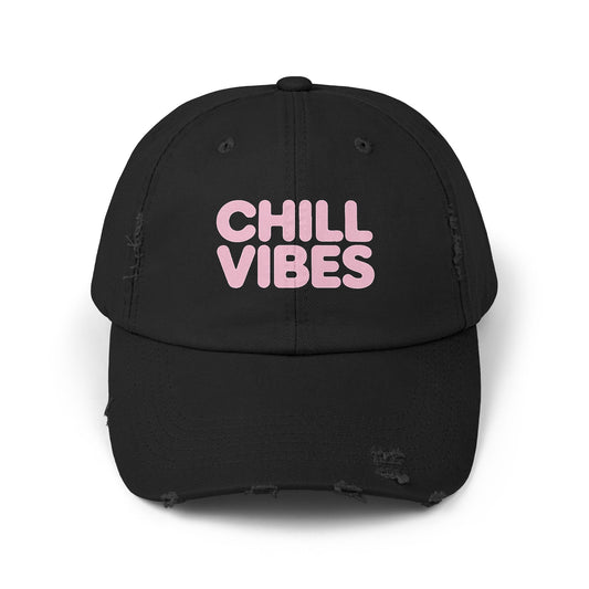 Chill Vibes Distressed Cap — Pink Text Casual Baseball Hat