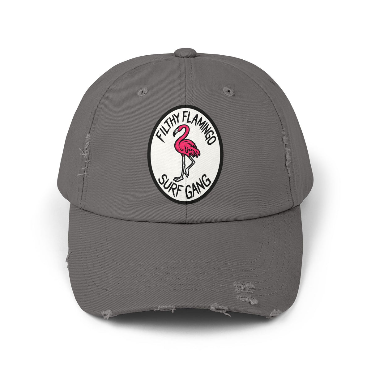 Distressed Surf Cap — "Filthy Flamingo Surf Gang" Embroidered Patch Hat Hats Printify Nickel One size