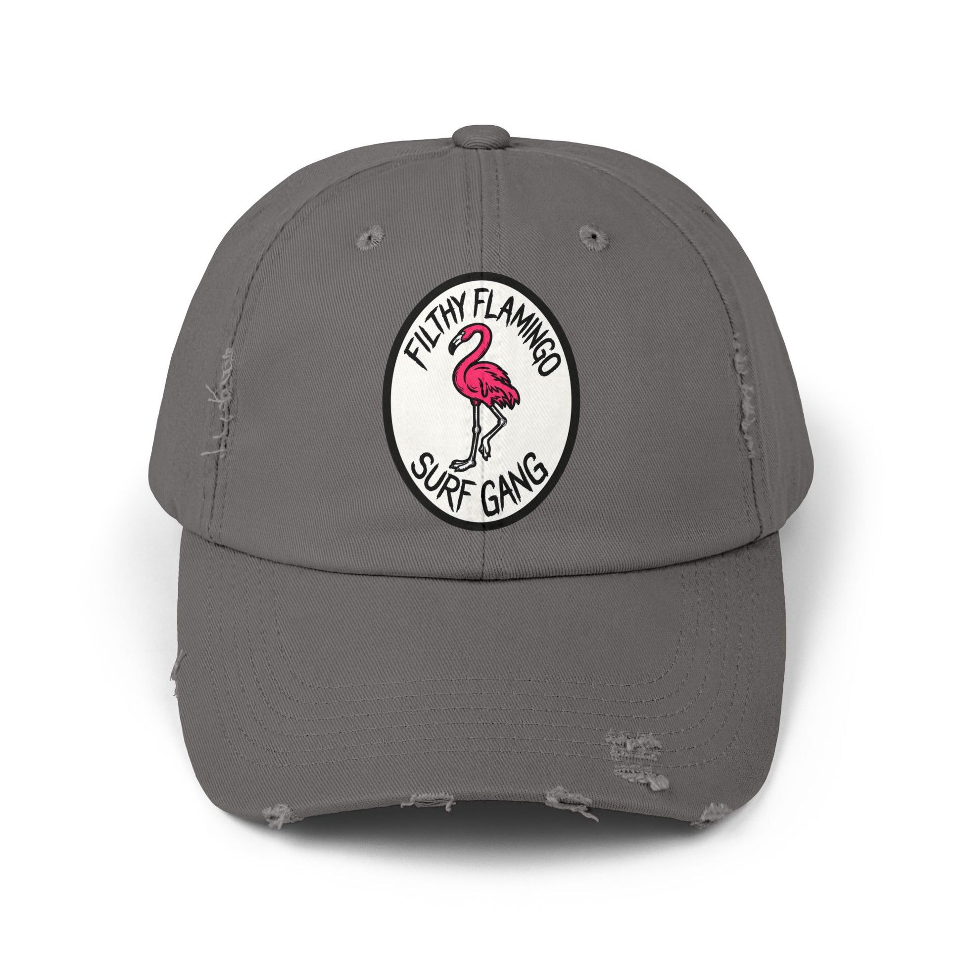 Distressed Surf Cap — "Filthy Flamingo Surf Gang" Embroidered Patch Hat Hats Printify Nickel One size