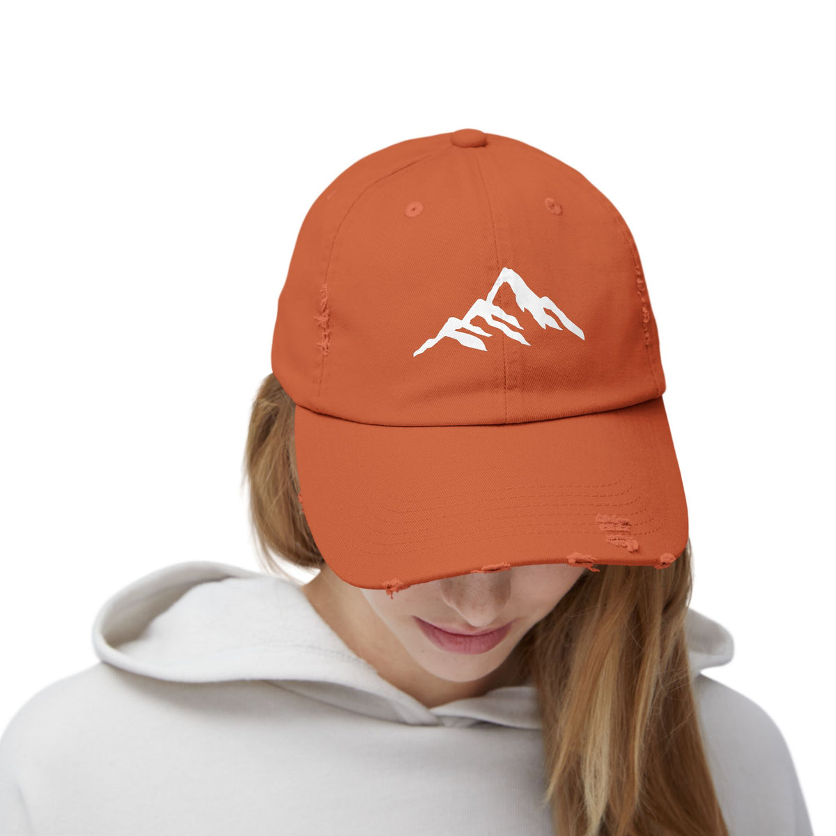 Distressed Mountain Hat — Minimal White Peak Embroidered Cap