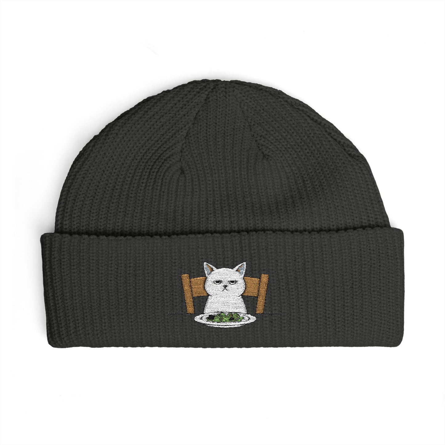 Cuffed Beanie with Embroidered White Cat on Chair – Cozy Cute Winter Hat Hats Printify One size Coal