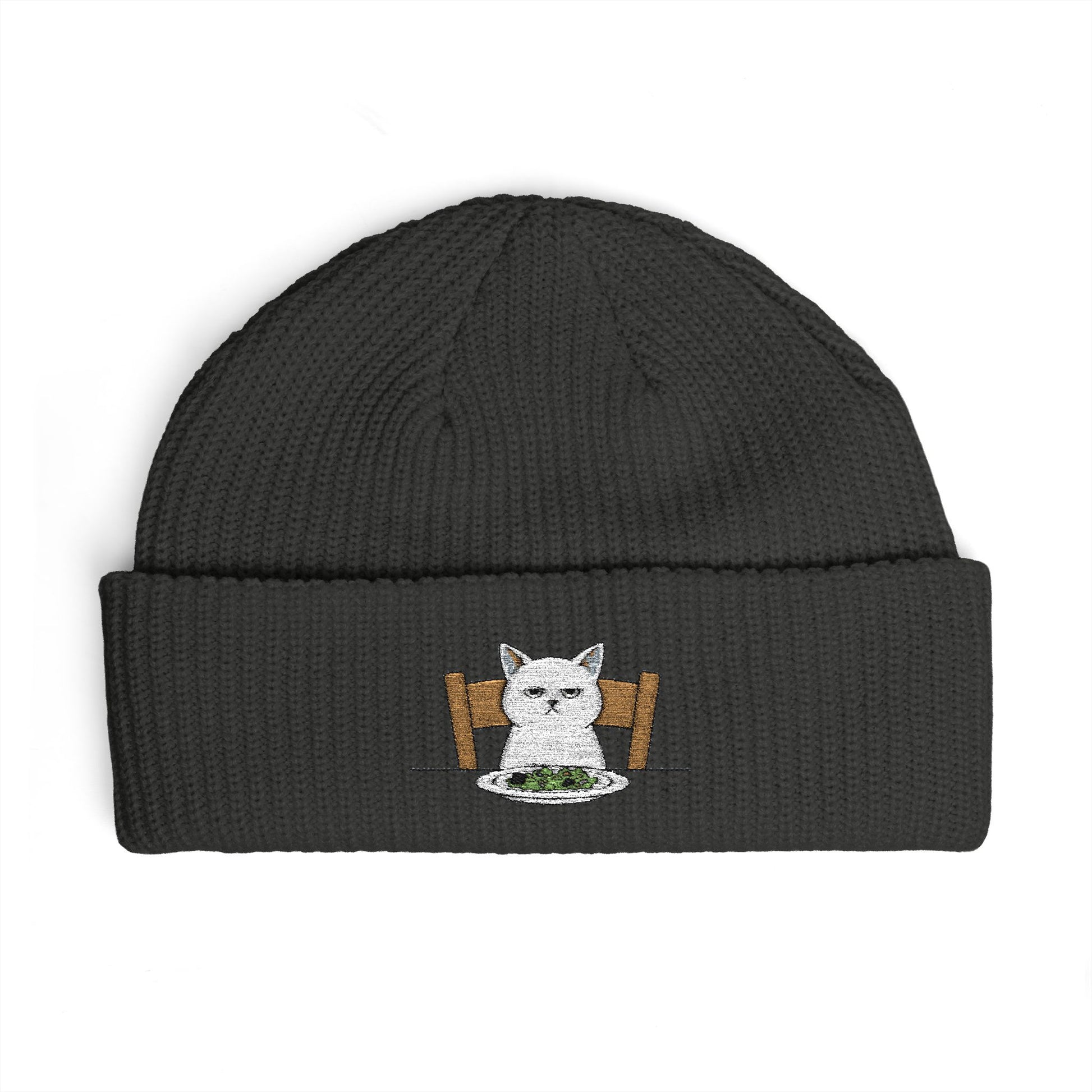 Cuffed Beanie with Embroidered White Cat on Chair – Cozy Cute Winter Hat Hats Printify One size Coal