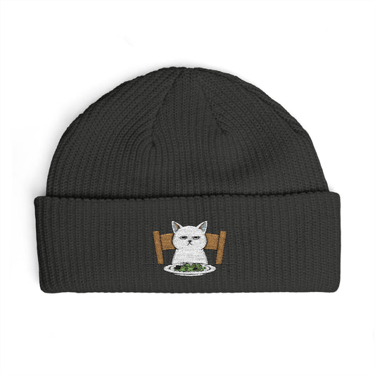 Cuffed Beanie with Embroidered White Cat on Chair – Cozy Cute Winter Hat