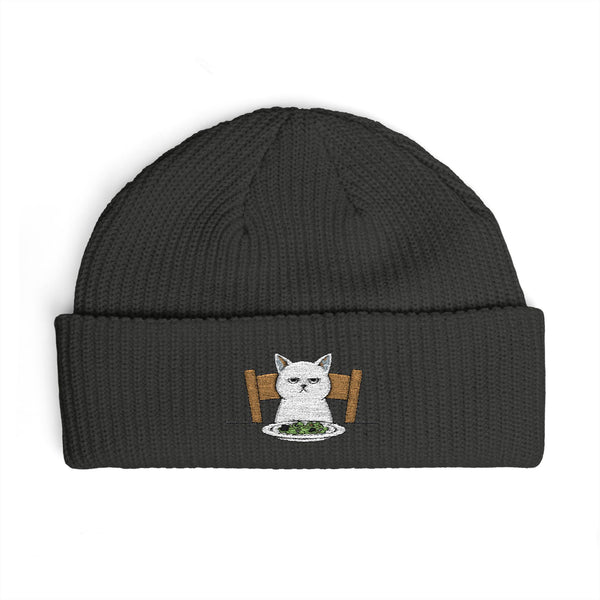 Cuffed Beanie with Embroidered White Cat on Chair – Cozy Cute Winter Hat Hats Printify One size Coal