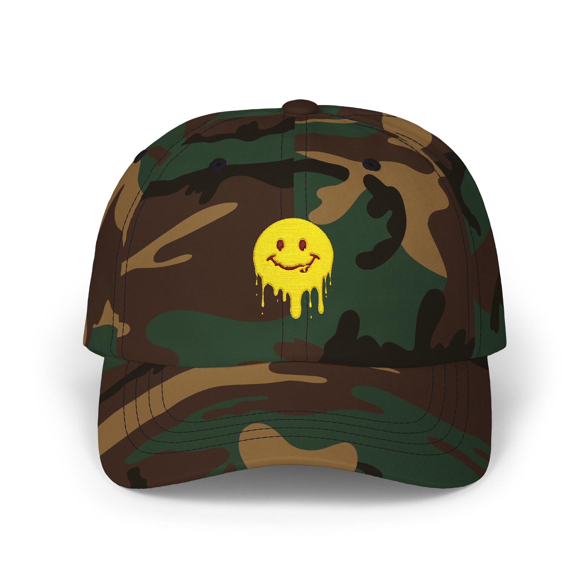 Smiling Melt Dad Cap — Dripping Smiley Embroidered Baseball Hat Hats Printify Green Camo One size