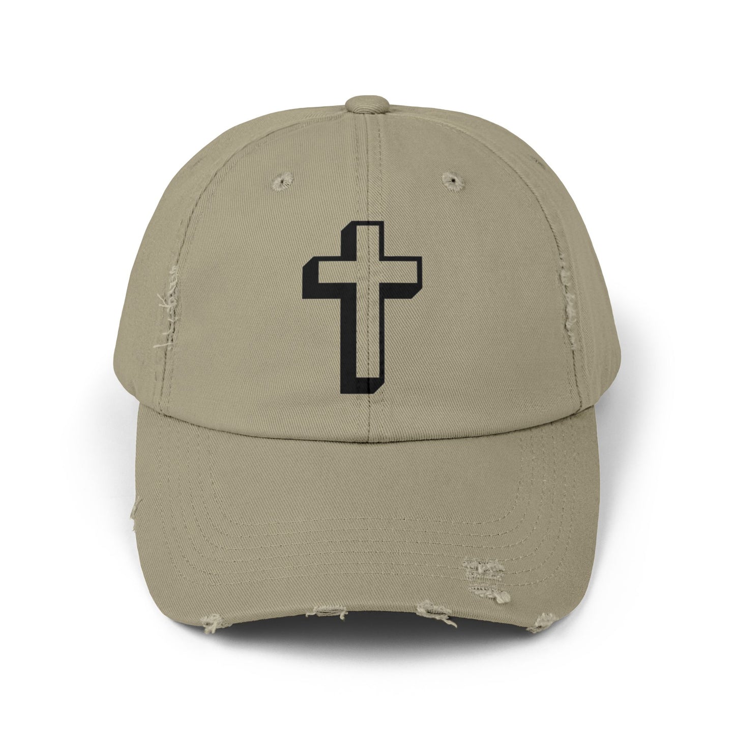 Distressed Black Cross Cap — Vintage Christian Baseball Hat Hats Printify Light Olive One size