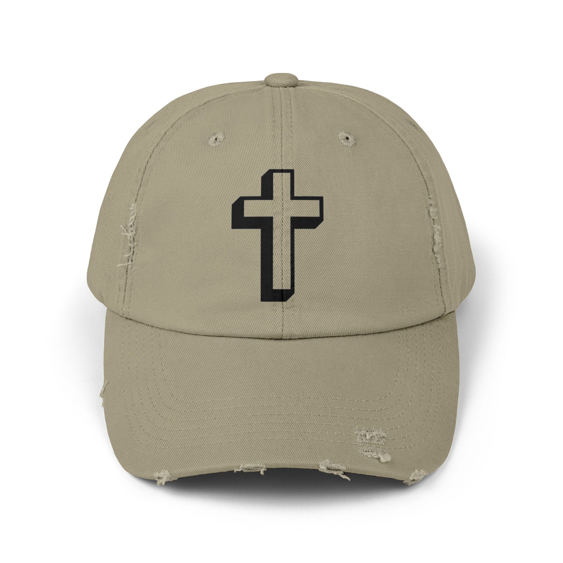 Distressed Black Cross Cap — Vintage Christian Baseball Hat Hats Printify Light Olive One size