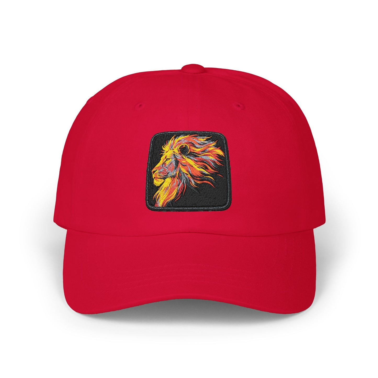Dad Cap — Embroidered Fiery Lion Patch Baseball Hat Hats Printify One size Cranberry