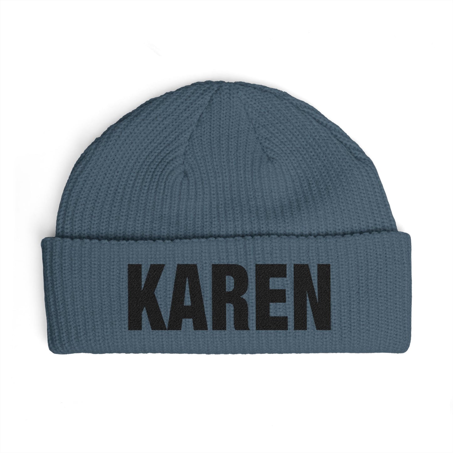Cuff Beanie — Bold "KAREN" Embroidered Knit Hat Hats Printify One size Petrol Blue