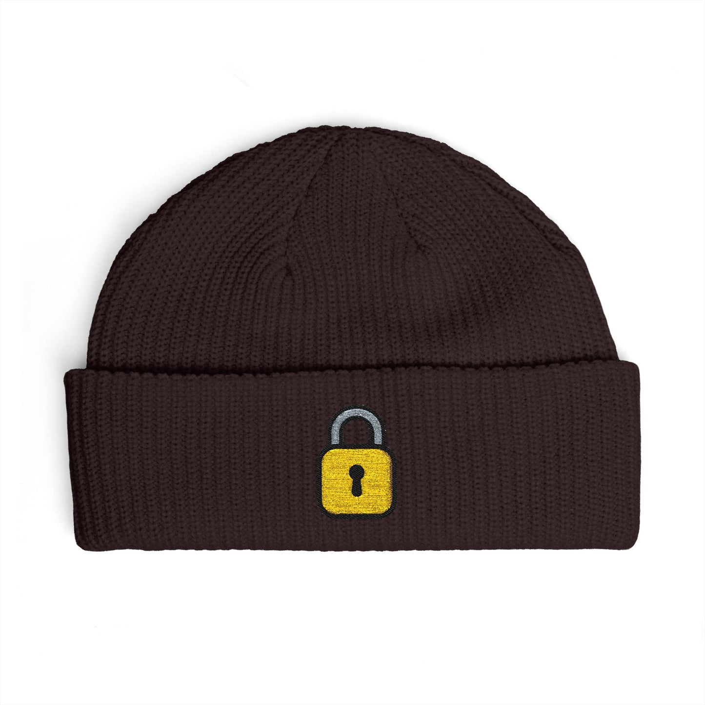 Embroidered Lock Cuff Beanie – Secure Padlock Knit Hat Hats Printify One size Plum