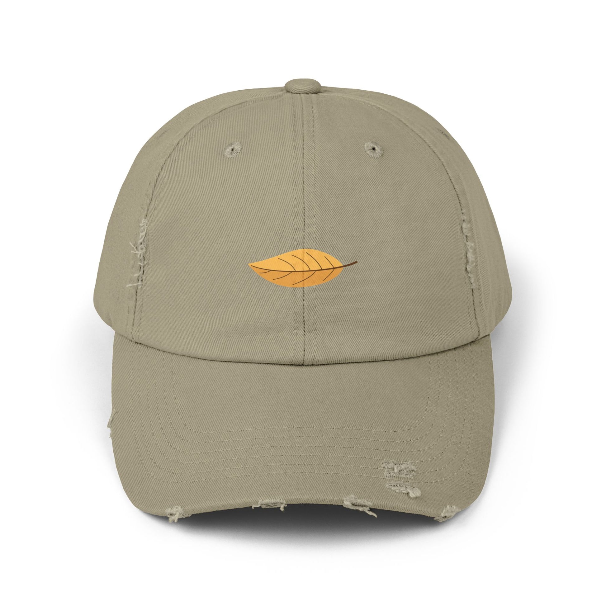 Distressed Black Cap with Golden Leaf Embroidery — Casual Fall Baseball Hat Hats Printify Light Olive One size