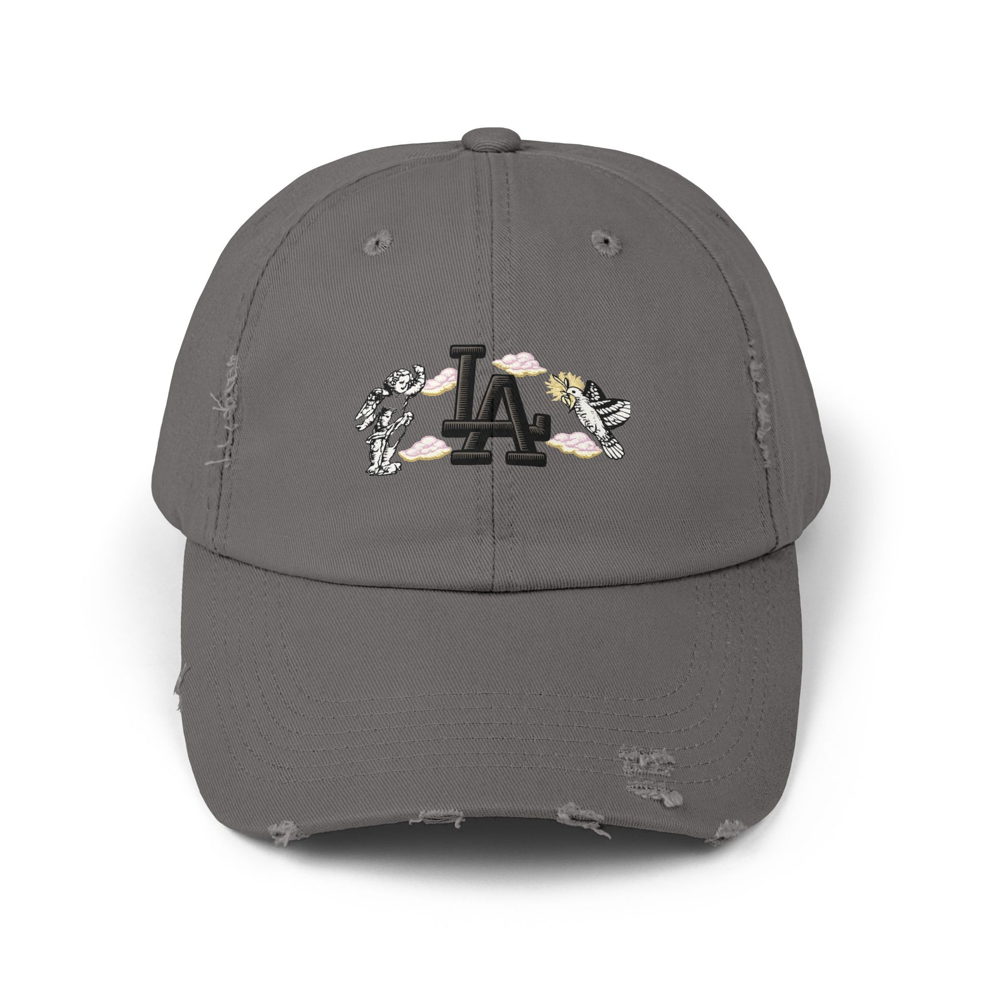 Distressed Baseball Cap — LA Logo with Angel Wings & Clouds Hats Printify Nickel One size