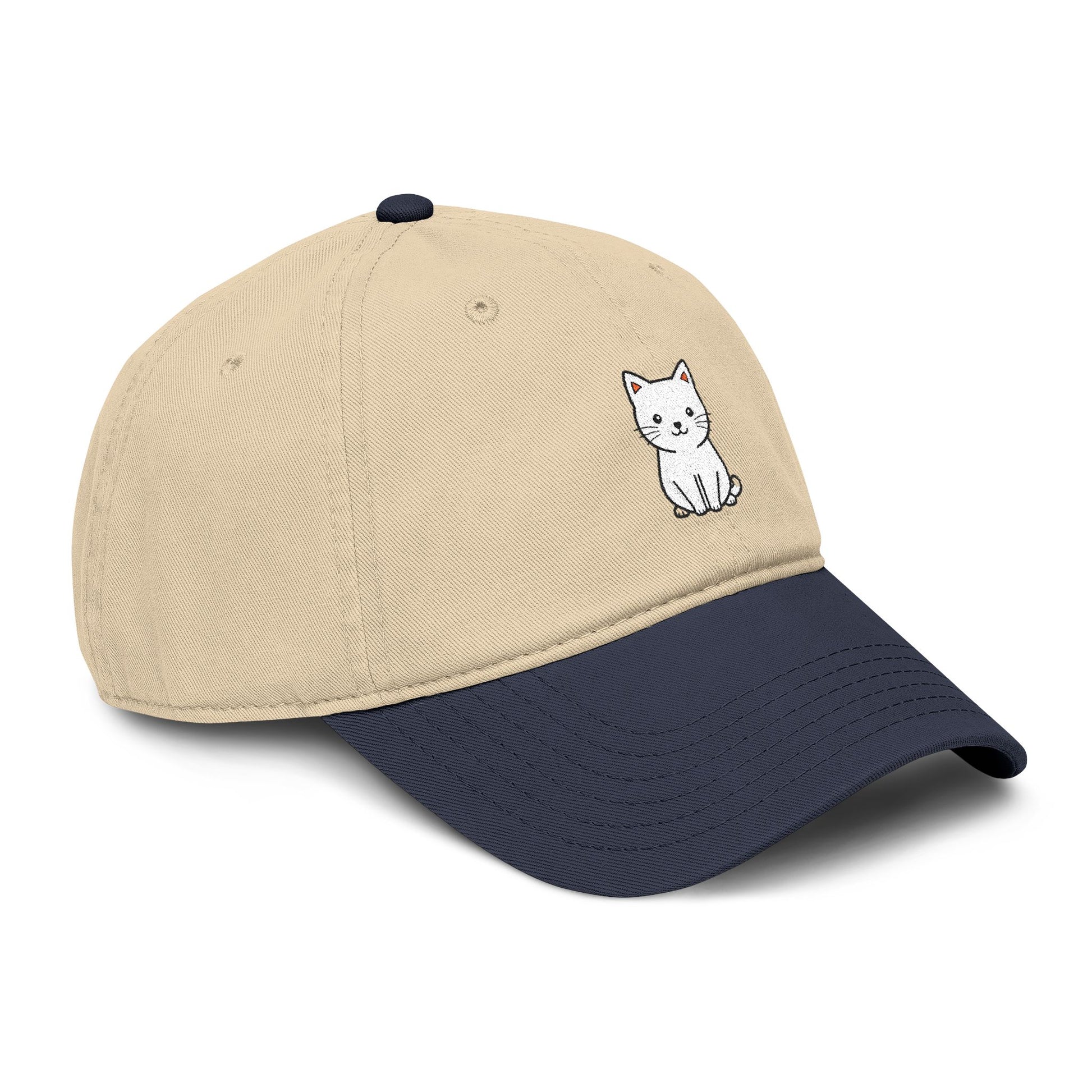 Washed Baseball Cap — Cute White Sitting Cat Embroidered Hat Hats Printify