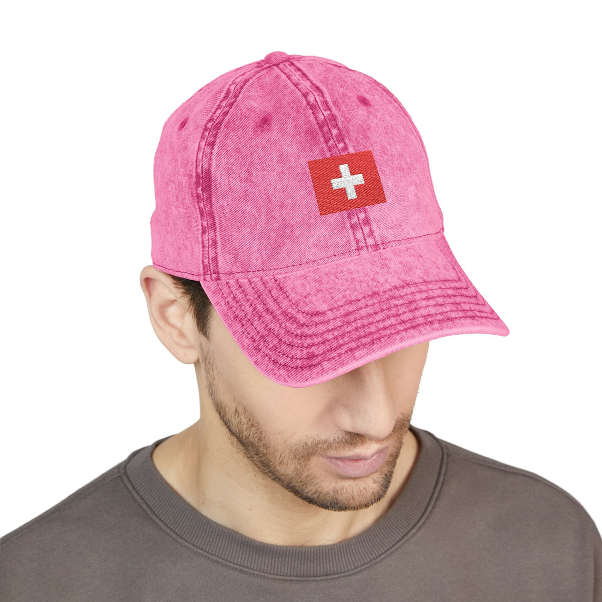 Red Vintage Embroidered Cross Cap - Washed Baseball Hat Hats Printify