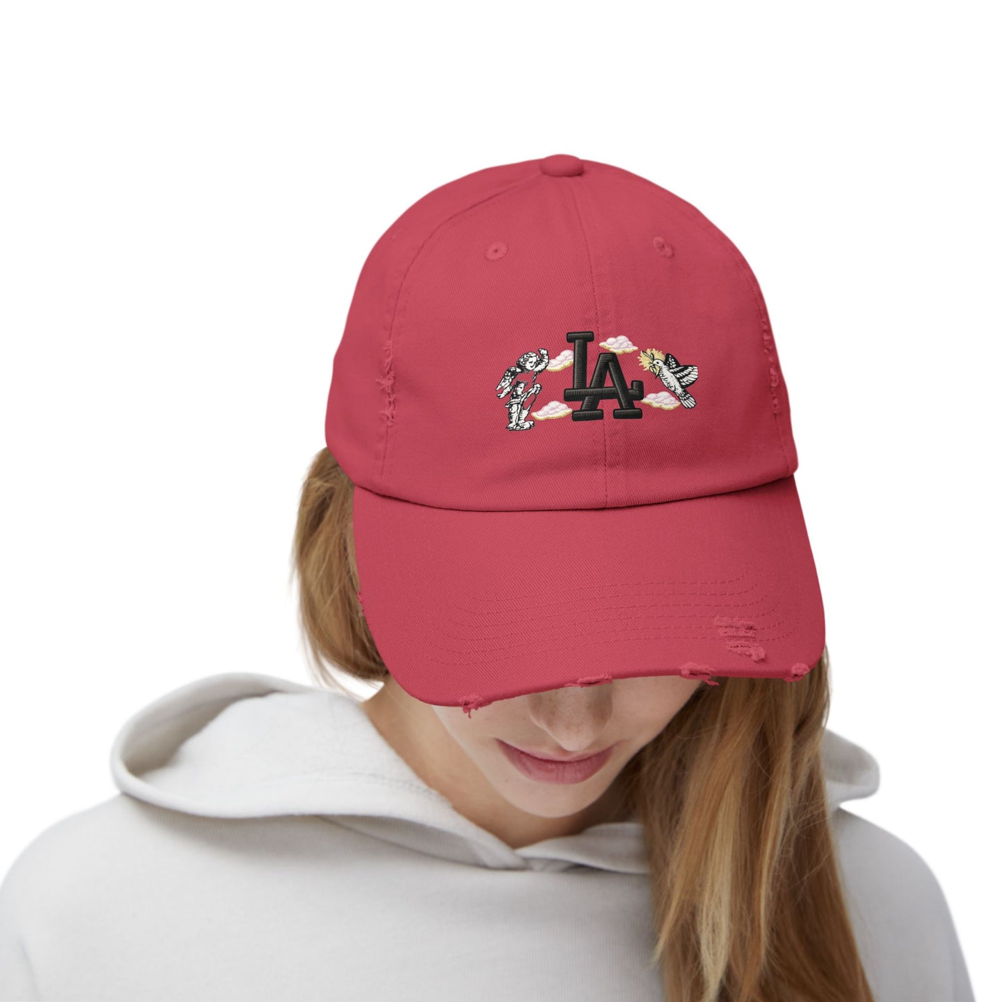 Distressed Baseball Cap — LA Logo with Angel Wings & Clouds