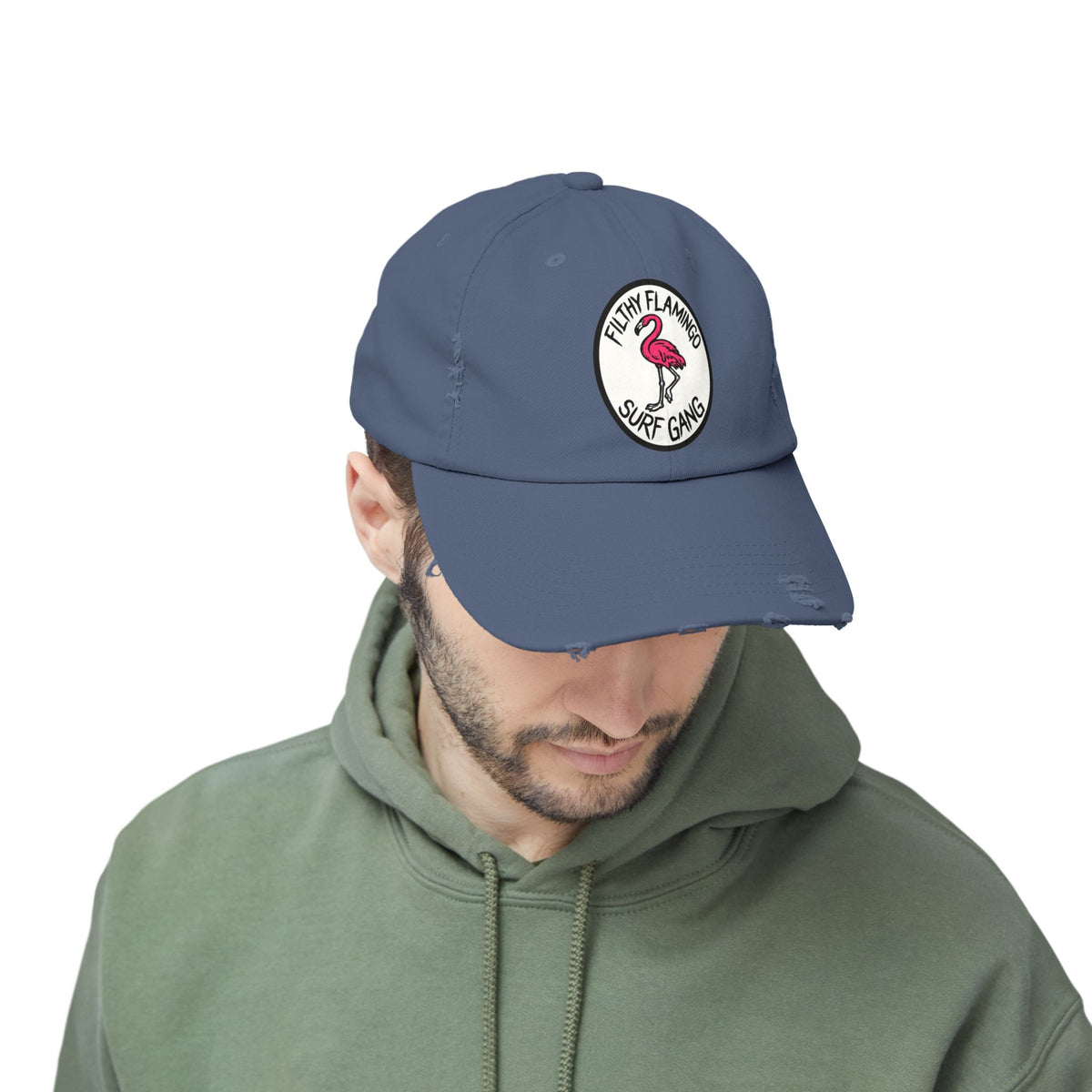 Distressed Surf Cap — "Filthy Flamingo Surf Gang" Embroidered Patch Hat