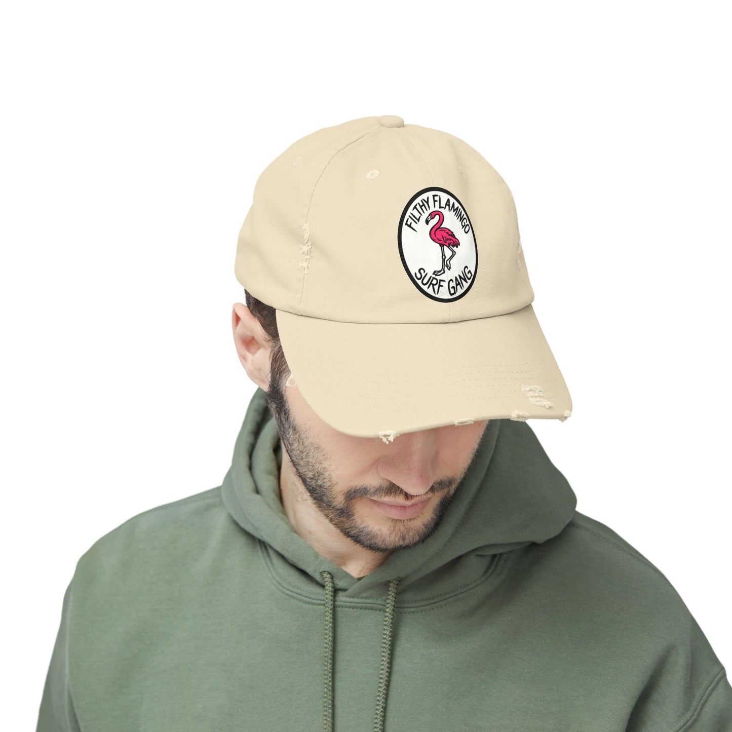 Distressed Surf Cap — "Filthy Flamingo Surf Gang" Embroidered Patch Hat
