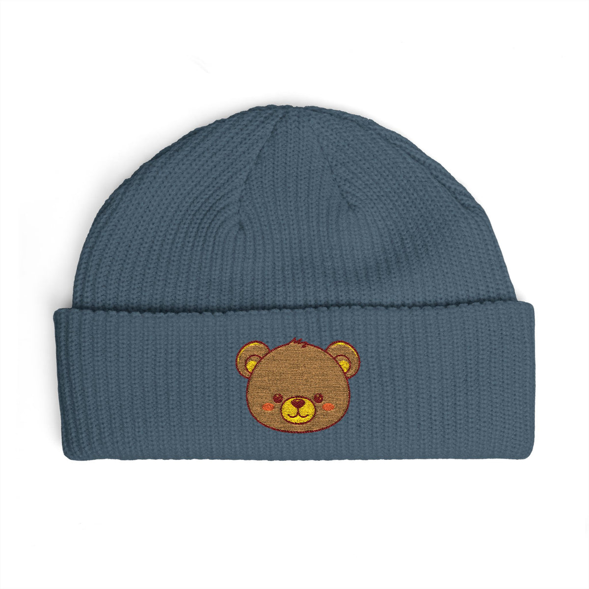 Embroidered Teddy Cuff Beanie — Cute Sequin Bear Knit Hat Hats Printify One size Petrol Blue