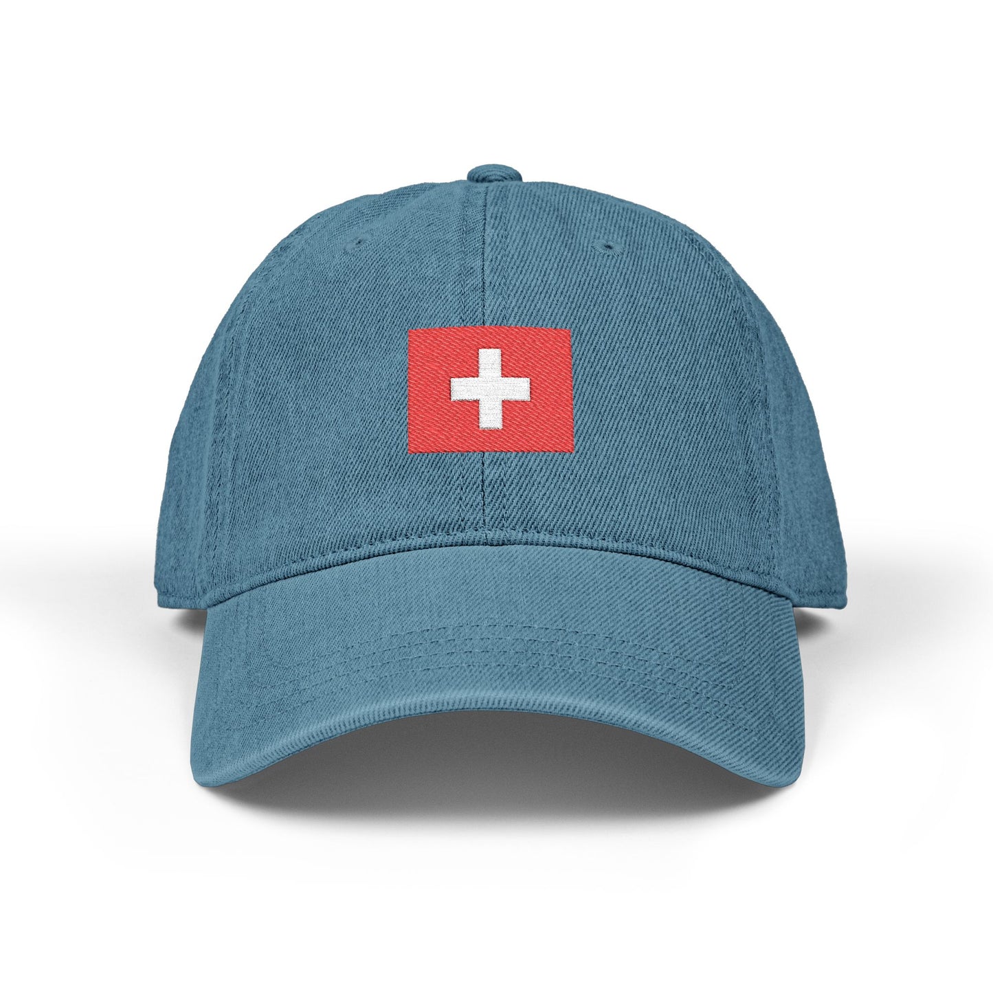 Embroidered Swiss Cross Denim Hat — Minimalist Flag Baseball Cap Hats Printify One size Blue