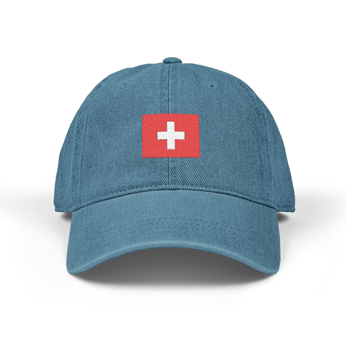 Embroidered Swiss Cross Denim Hat — Minimalist Flag Baseball Cap Hats Printify One size Blue