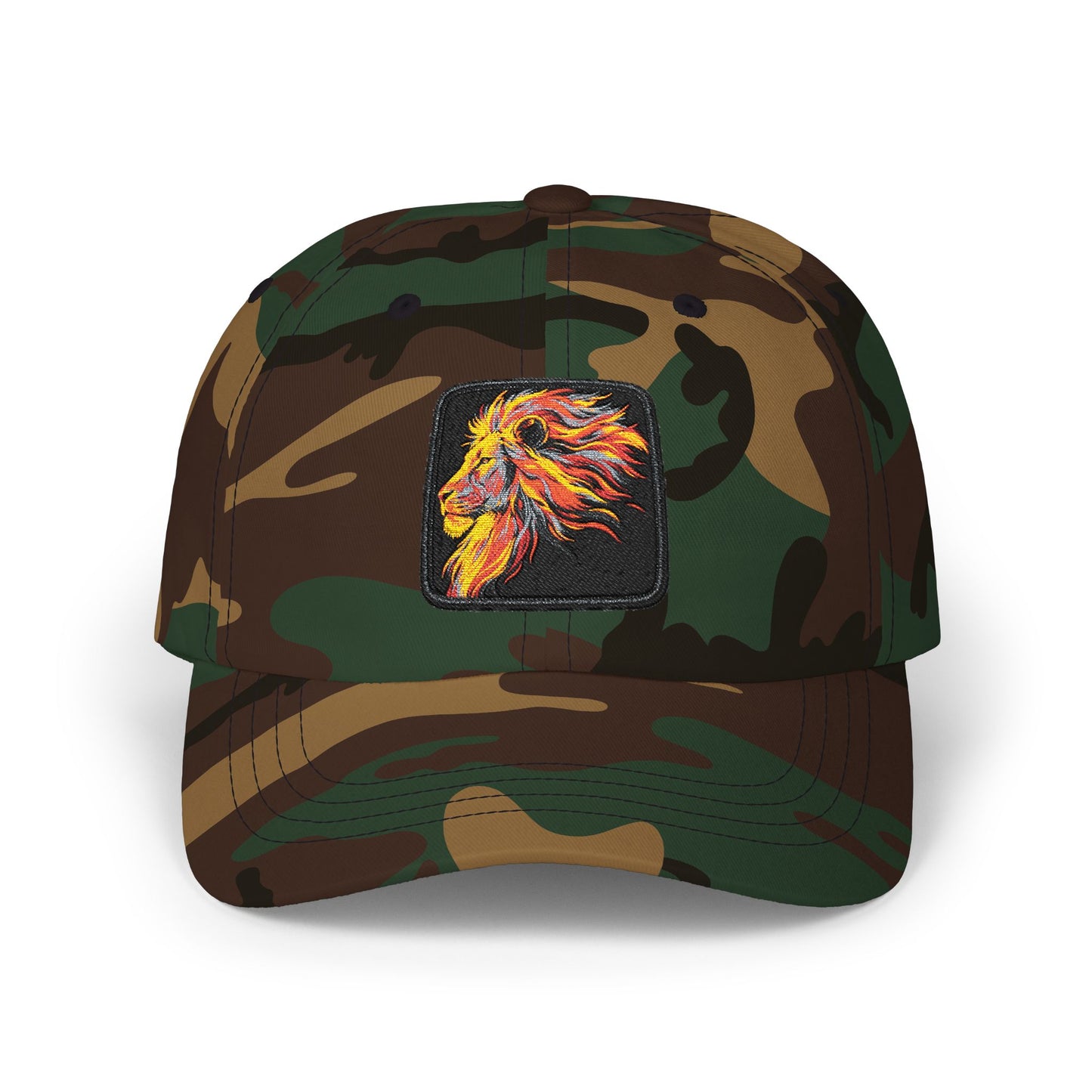 Dad Cap — Embroidered Fiery Lion Patch Baseball Hat Hats Printify One size Green Camo