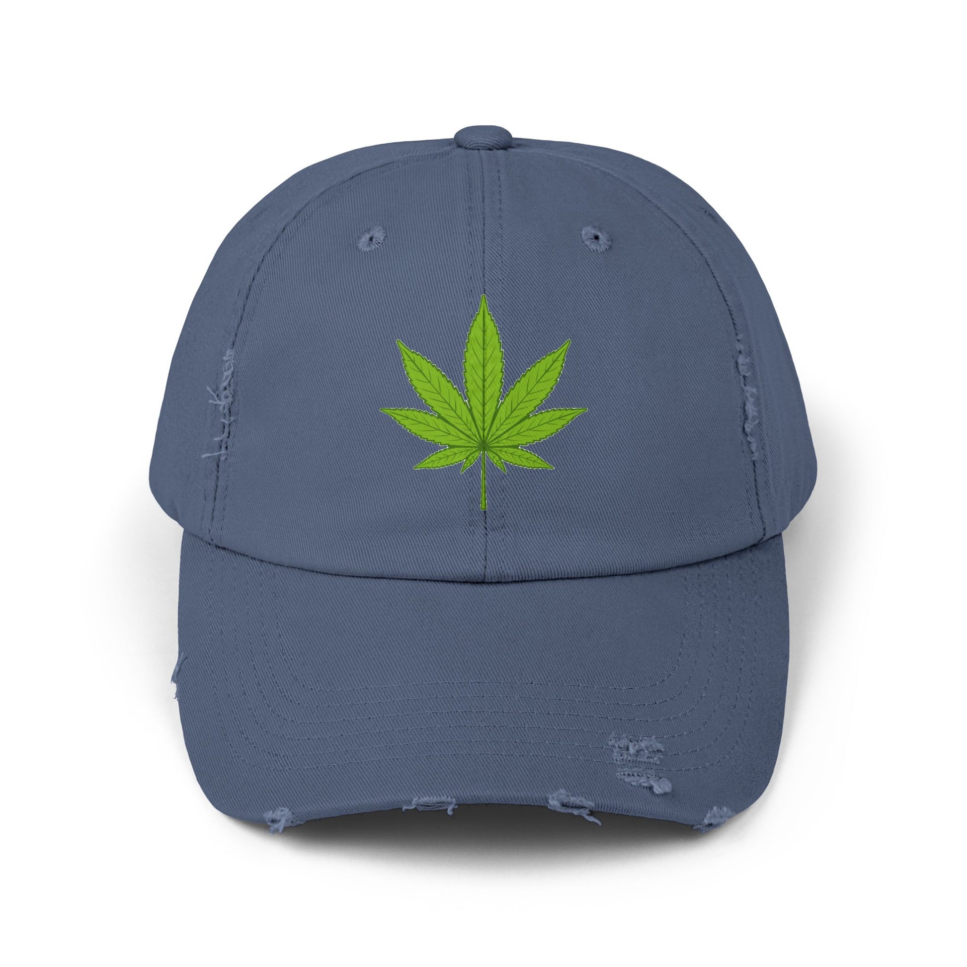Distressed Black Cap with Green Cannabis Leaf Embroidery Hats Printify Scotland Blue One size