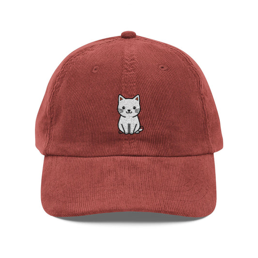 Embroidered Corduroy Cap — Cute White Puppy Patch, Vintage Baseball Hat Hats Printify Burgundy One size