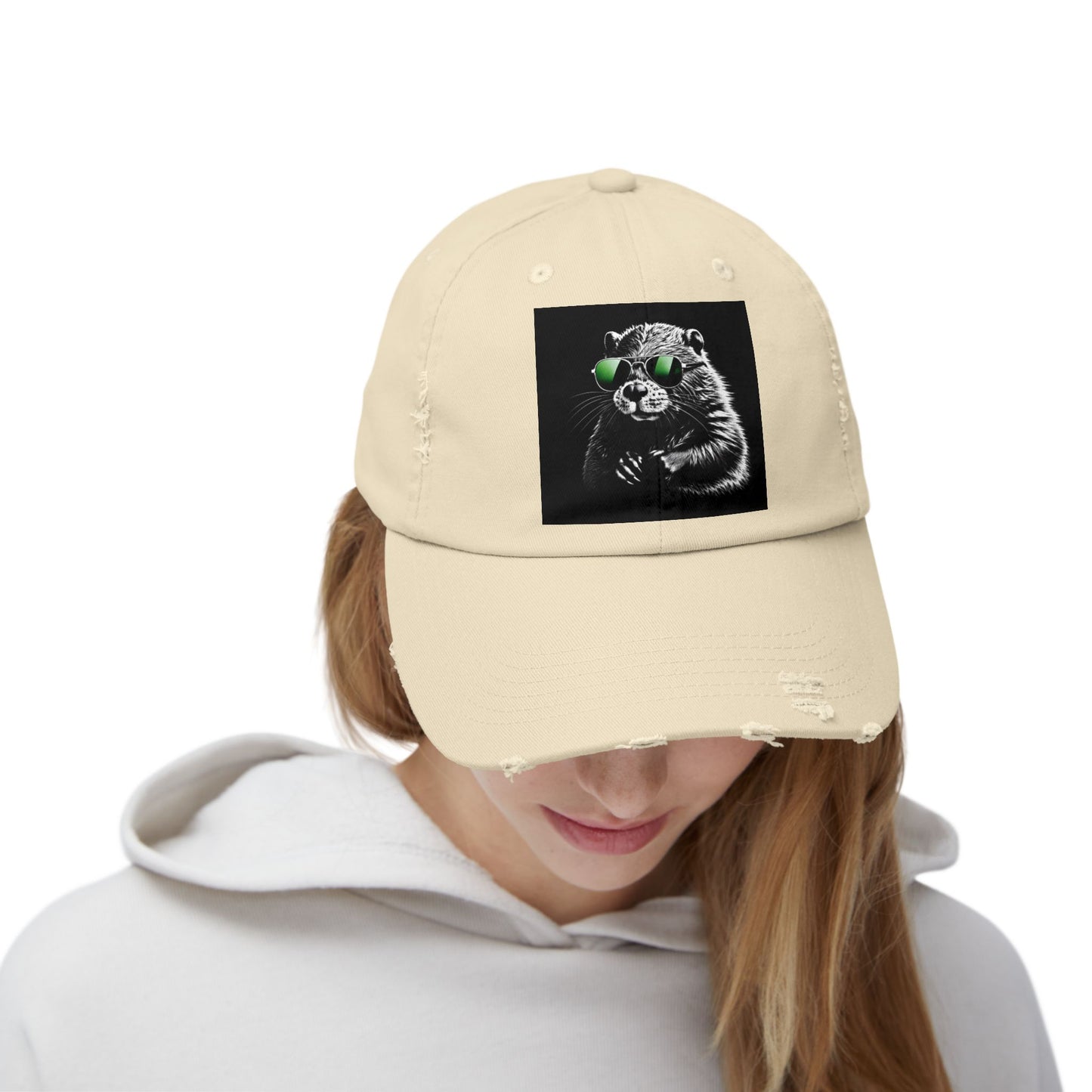 Distressed Cap — Cool Raccoon with Green Sunglasses Hat