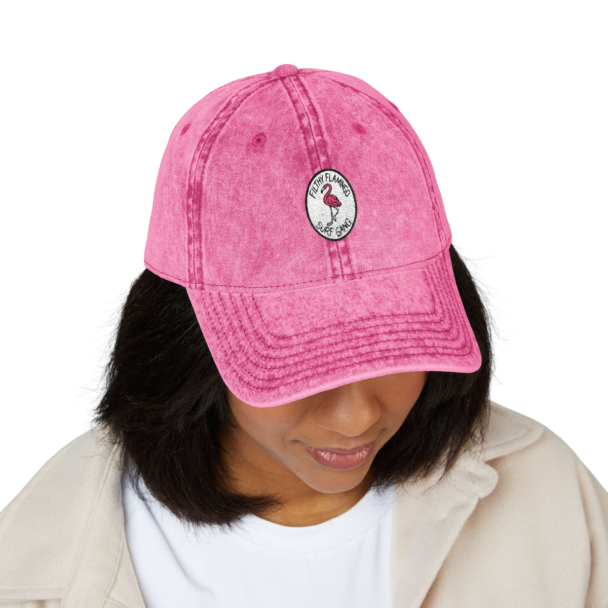 Vintage Embroidered Flamingo Cap — Washed Red Baseball Hat