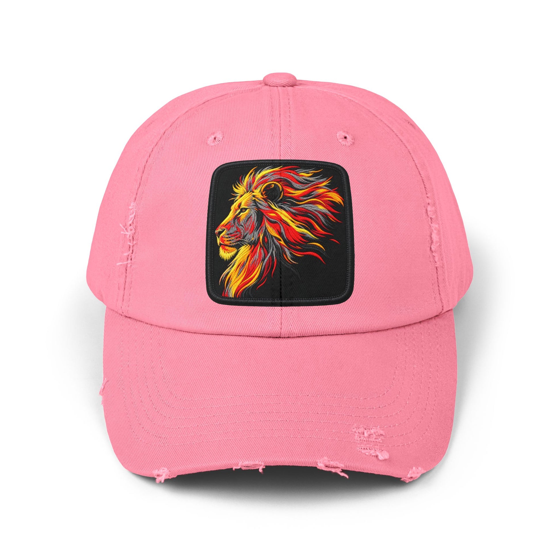 Distressed Cap — Vibrant Flame Lion Embroidered Baseball Hat Hats Printify True Pink One size