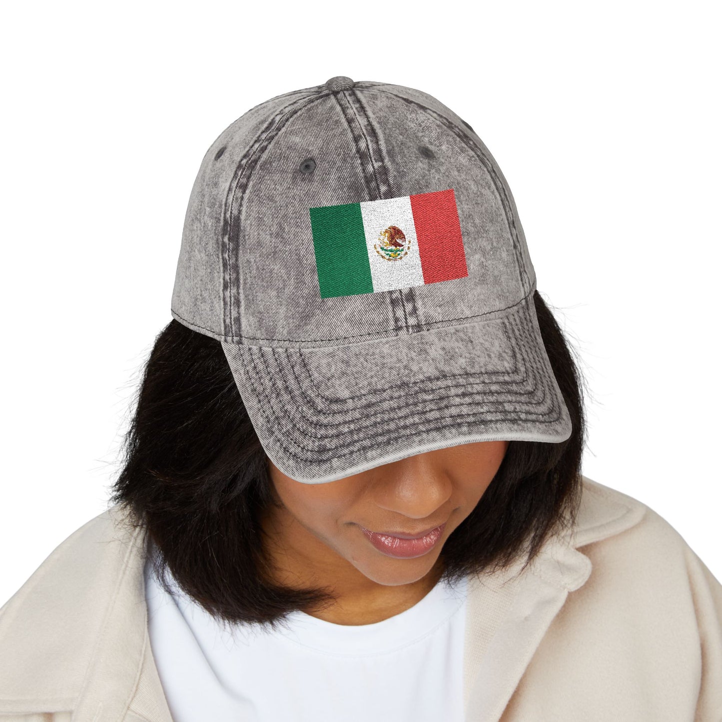 Vintage Mexican Flag Embroidered Cap — Distressed Gray Baseball Hat Hats Printify