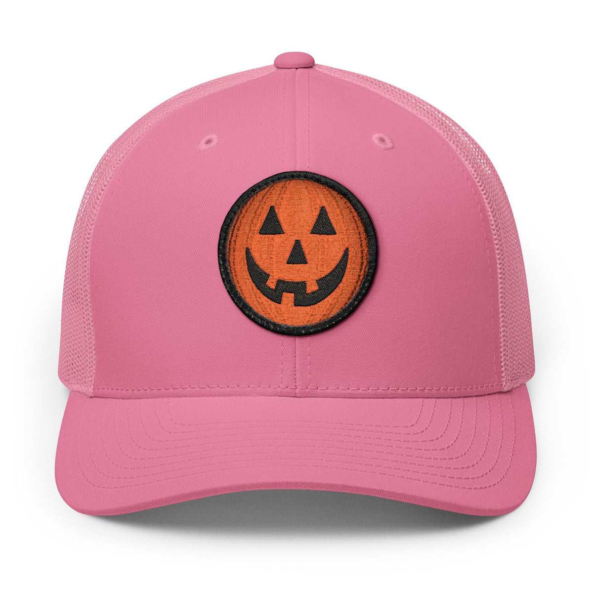 Halloween Pumpkin Jack-O’-Lantern Trucker Cap Hats Printify Circle One size Pink / Black patch
