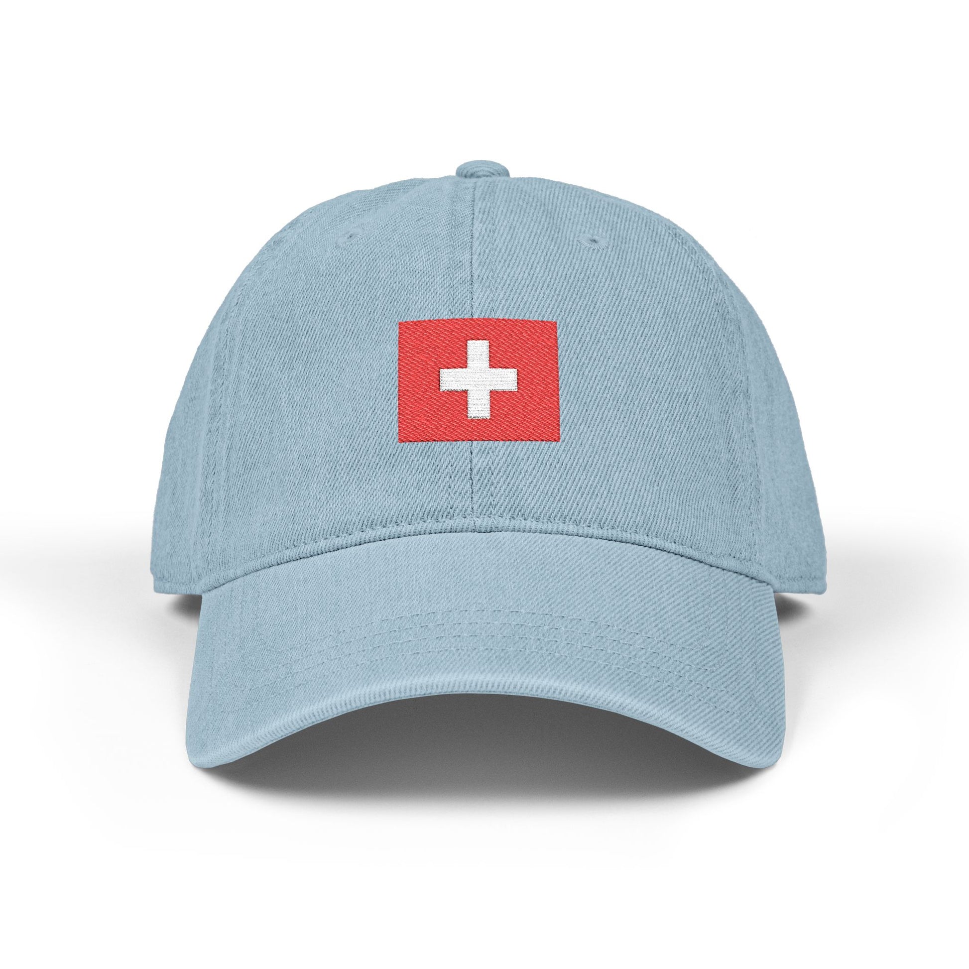 Embroidered Swiss Cross Denim Hat — Minimalist Flag Baseball Cap Hats Printify One size Light Blue