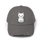 Distressed Black Cap with Cute White Cat Graphic Hats Printify Nickel One size