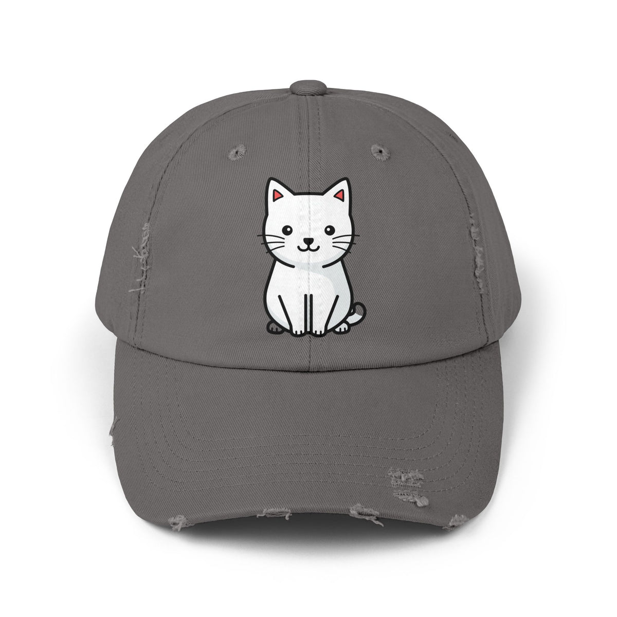 Distressed Black Cap with Cute White Cat Graphic Hats Printify Nickel One size