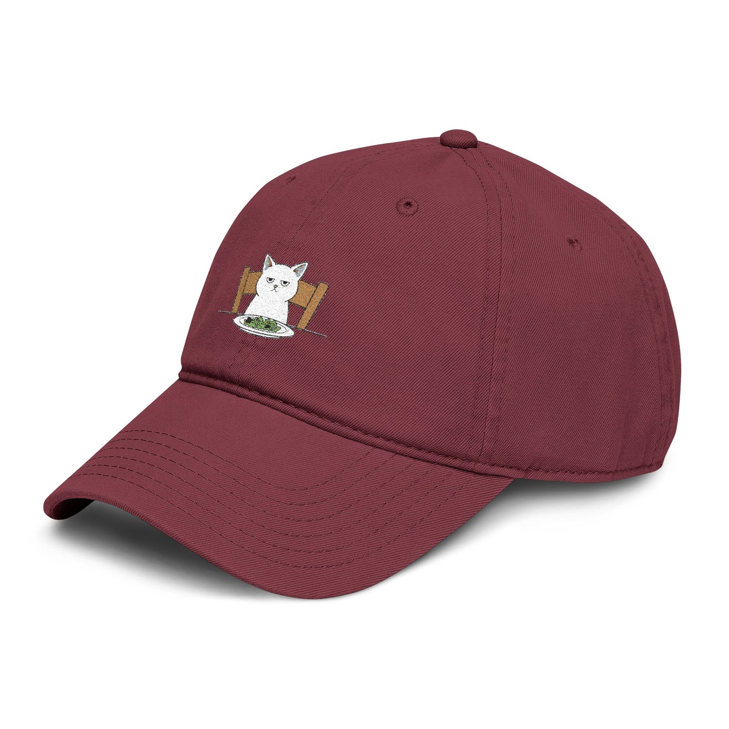 Washed Baseball Cap with Cute White Cat Embroidery
