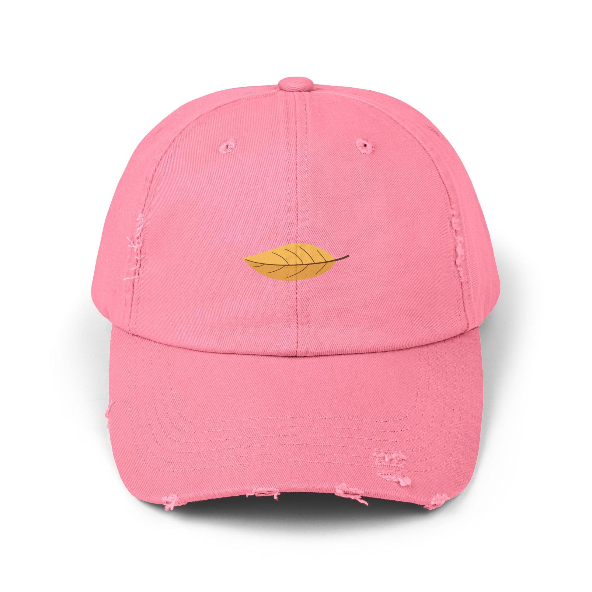 Distressed Black Cap with Golden Leaf Embroidery — Casual Fall Baseball Hat Hats Printify True Pink One size