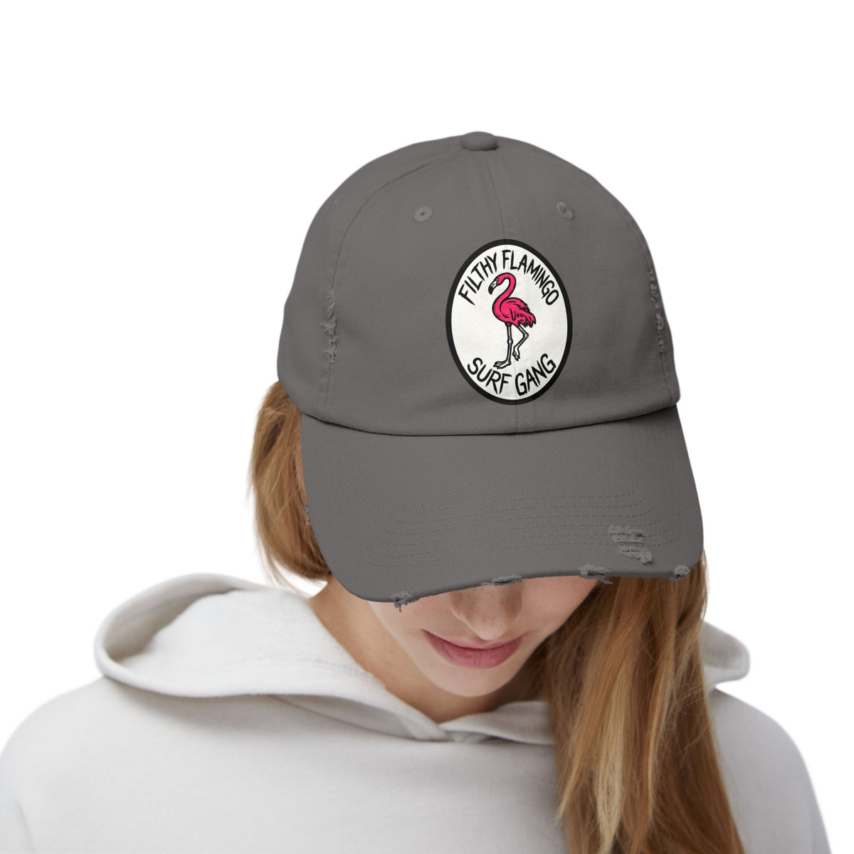 Distressed Surf Cap — "Filthy Flamingo Surf Gang" Embroidered Patch Hat