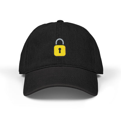 Embroidered Lock Denim Hat — Minimal Yellow Padlock Cap