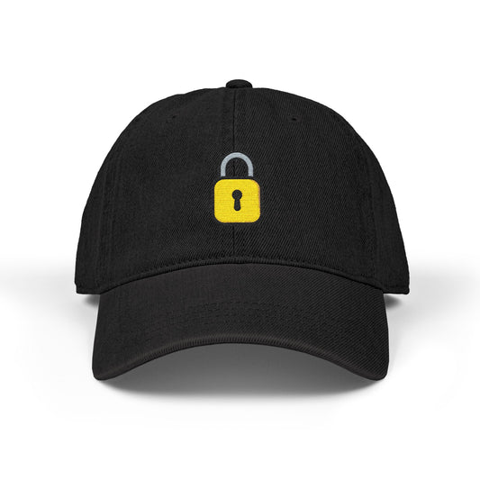 Embroidered Lock Denim Hat — Minimal Yellow Padlock Cap