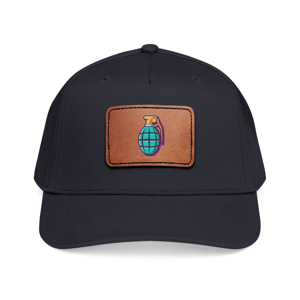 Leather Patch Baseball Cap — Retro Grenade Patch Hat Hats Printify One size Black / Light Brown patch Rectangle