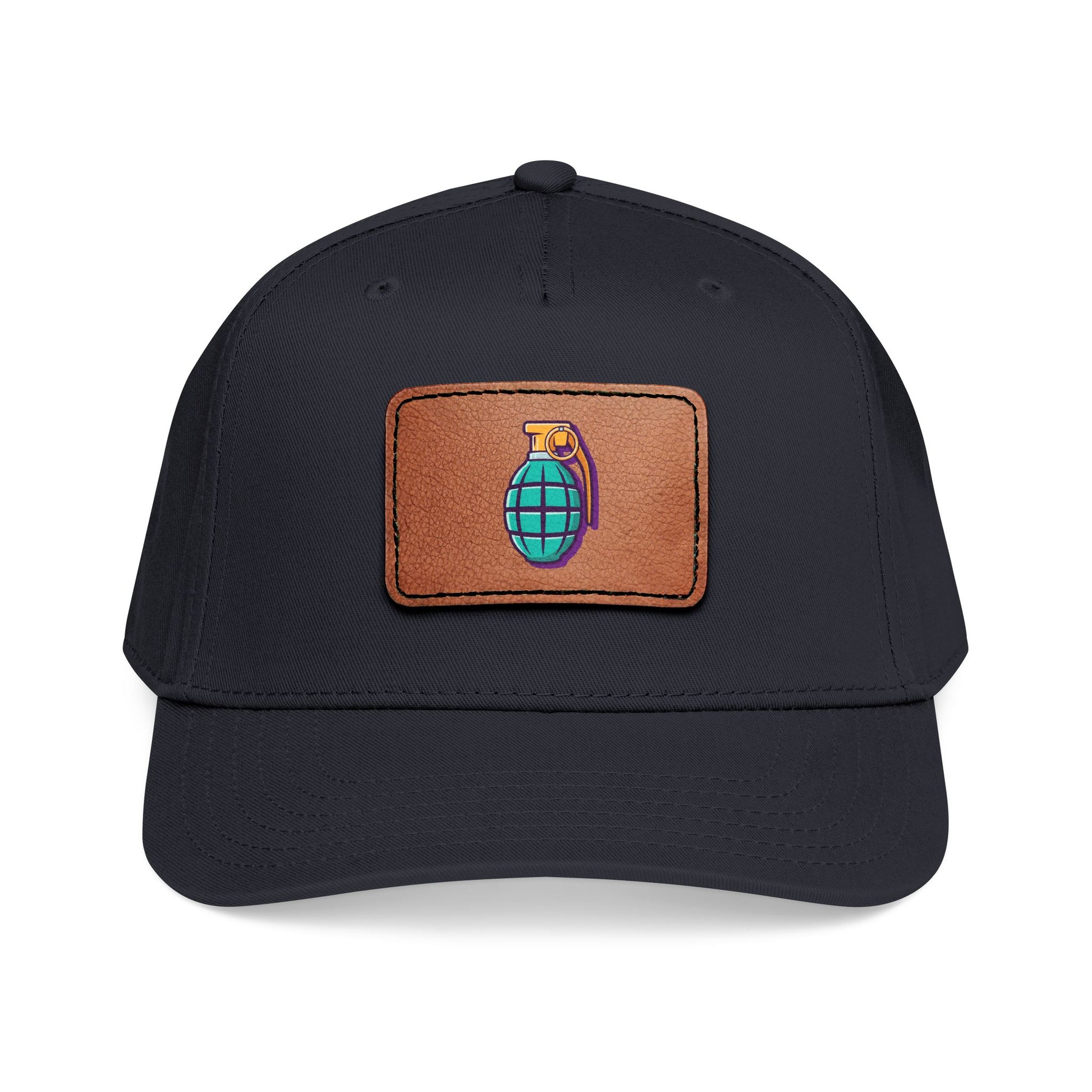 Leather Patch Baseball Cap — Retro Grenade Patch Hat Hats Printify One size Black / Light Brown patch Rectangle