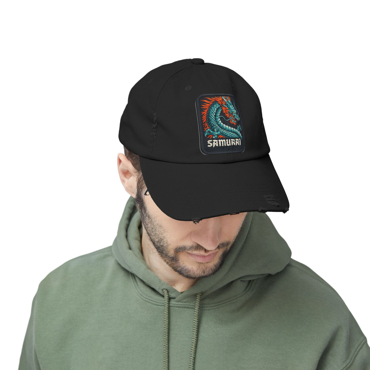 Distressed Samurai Dragon Cap — Vintage Retro Japanese Dragon Baseball Hat Hats Printify