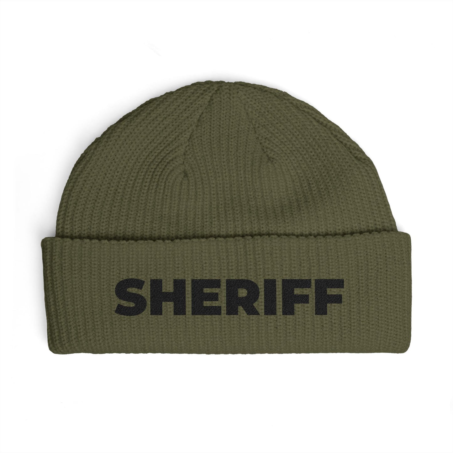 Cuff Beanie - 'SHRIFF' Embroidered Knit Hat (Festive Green-Gold Lettering) Hats Printify One size Army