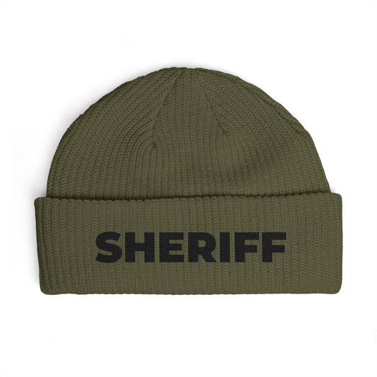 Cuff Beanie - 'SHRIFF' Embroidered Knit Hat (Festive Green-Gold Lettering) Hats Printify One size Army