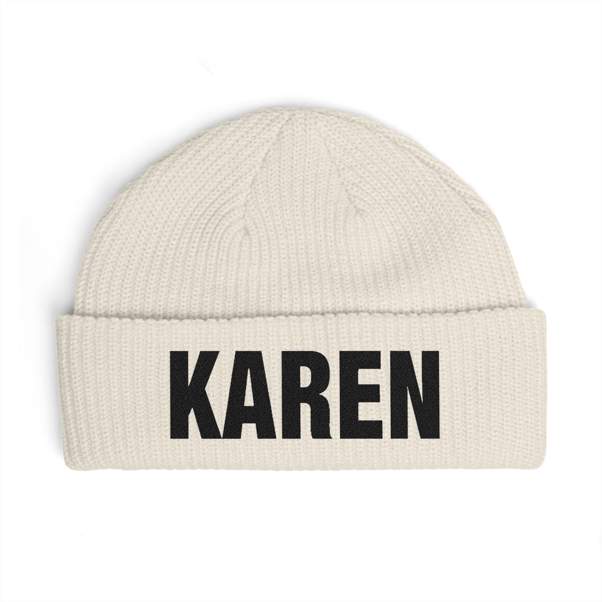 Cuff Beanie — Bold "KAREN" Embroidered Knit Hat Hats Printify One size Ecru