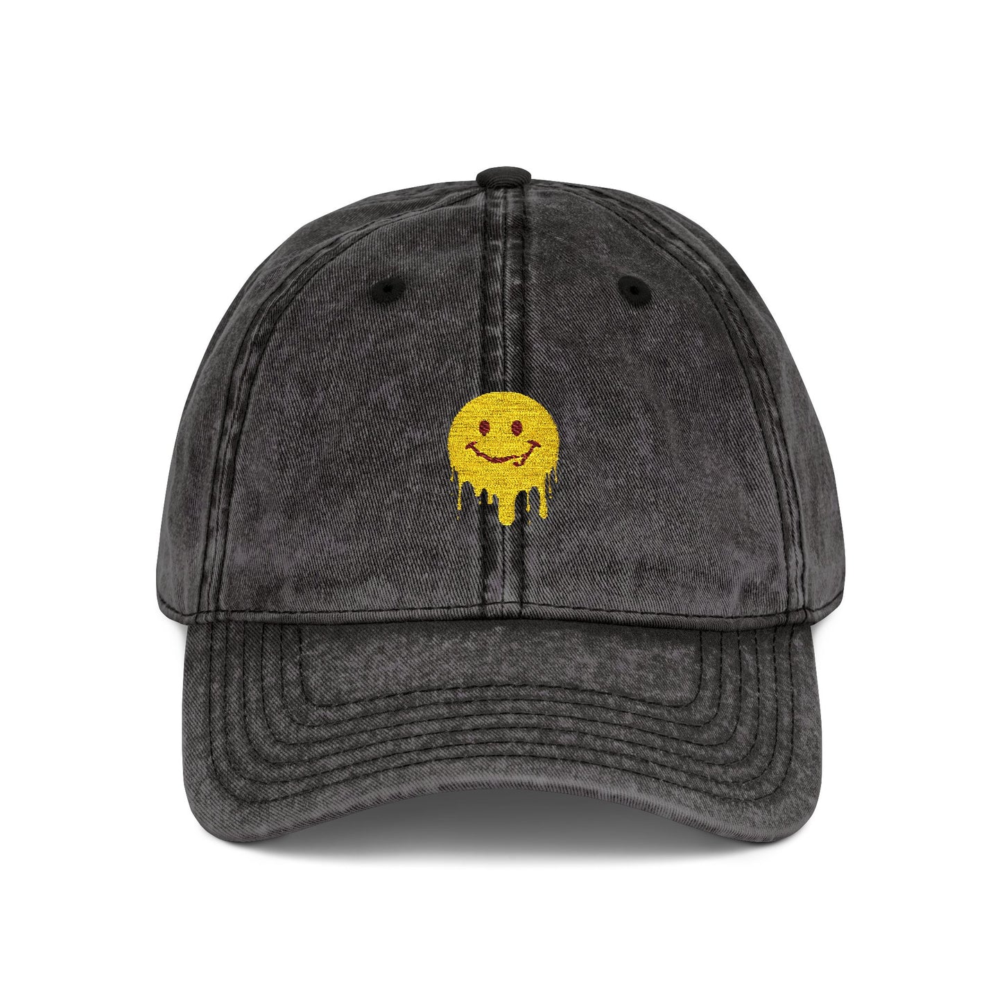 Embroidered Vintage Cap — Dripping Yellow Smiley Face Hat Hats Printify One size Black