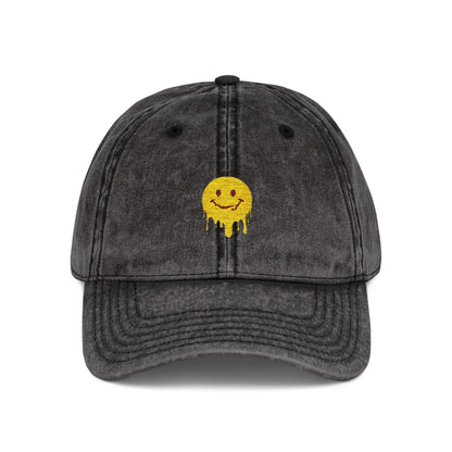 Embroidered Vintage Cap — Dripping Yellow Smiley Face Hat Hats Printify One size Black