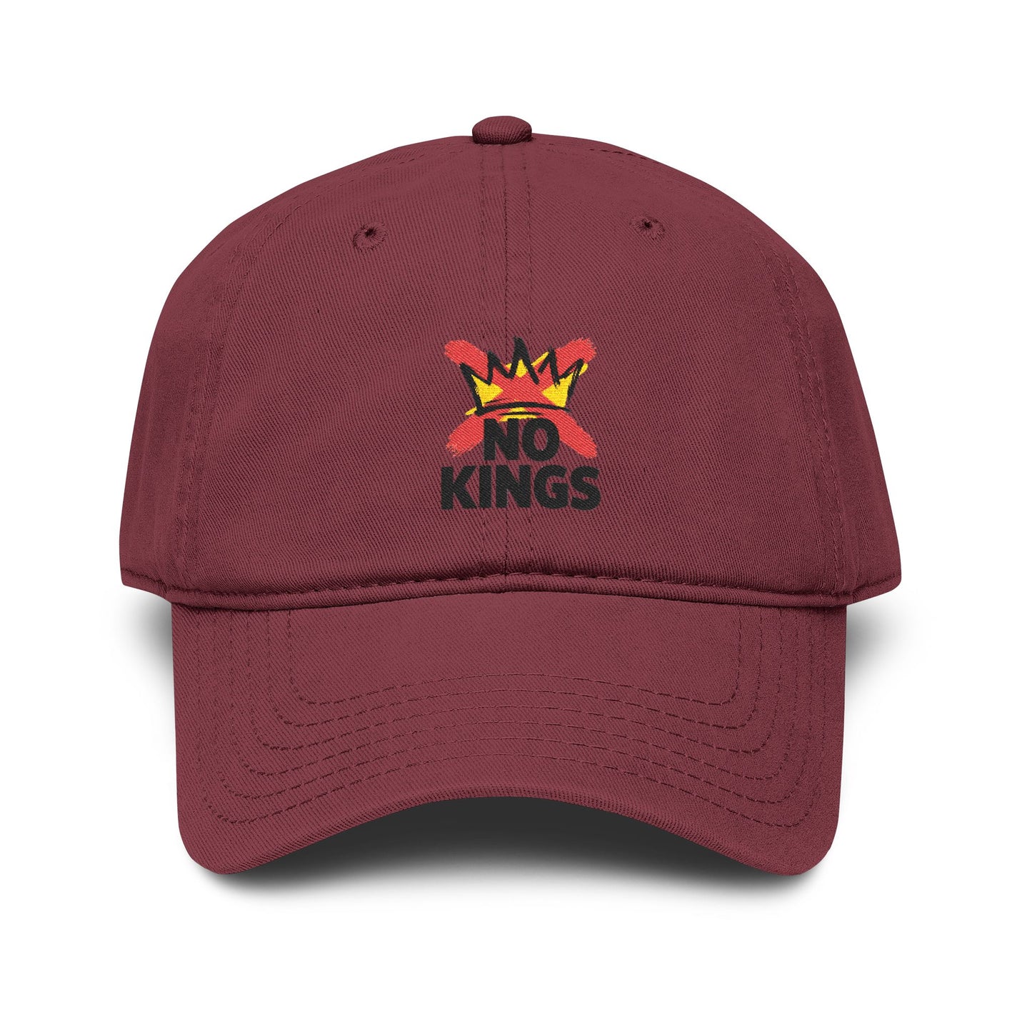 No Kings Washed Baseball Cap — Distressed Crown Embroidered Hat Hats Printify One size Maroon